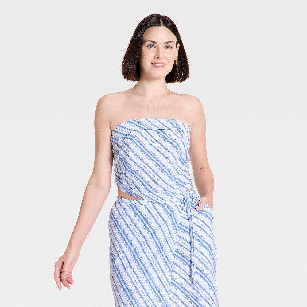 Women's Linen Tie Back Tube Top - A New Day™ Blue L