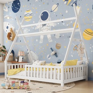 NicBex Twin/Full Size House Floor Bed Frame with Fence & Roof & Lights,Modern Toddler Bed for Bedroom,Kids Room,Playrooms - 1 of 4