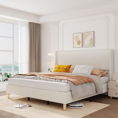 Homhougo Bed Frame, Upholstered Platform Corduroy Bed Frame with Vertical Channel Tufted Wingback Headboard