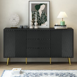 Wood Accent Sideboard Storage Cabinet, Modern Sideboard W/Geometric Line Design Doors, Conical Metal Legs, Kitchen Storage Cabinet W/Central Drawers - 1 of 4