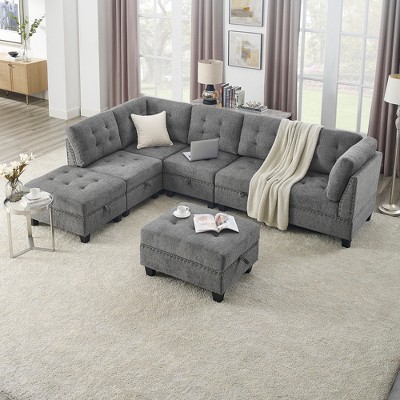 116" Chenille Upholstery L-Shaped Modular Sectional Sofa with 7 Storage Seats, 7-piece DIY Combinations Sofa