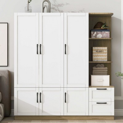 LOVMOR 3 Door Wooden Storage Wardrobe with Shelves, 2 Drawers & Side Storage Shelves for Bedroom, Home Room
