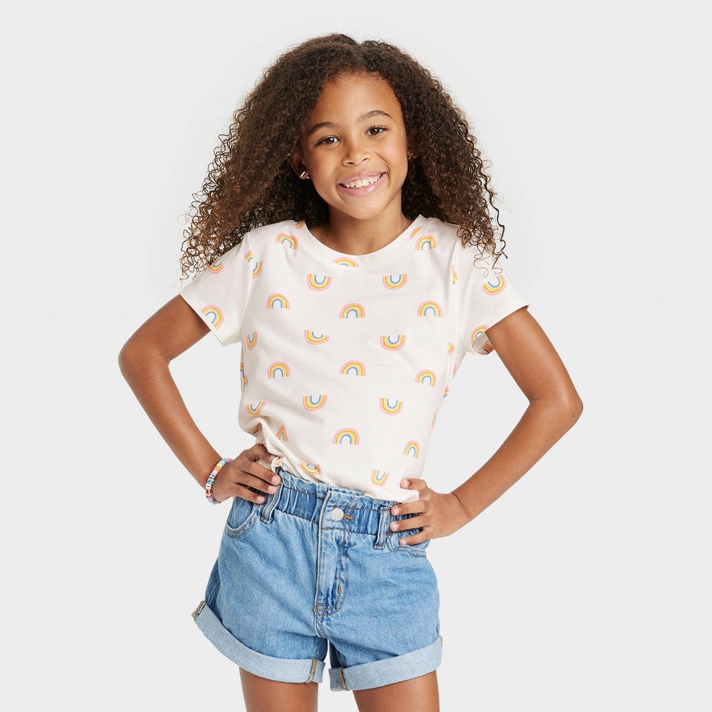 Girls' Printed Short Sleeve T-Shirt - Cat & Jack Cream L, Ivory