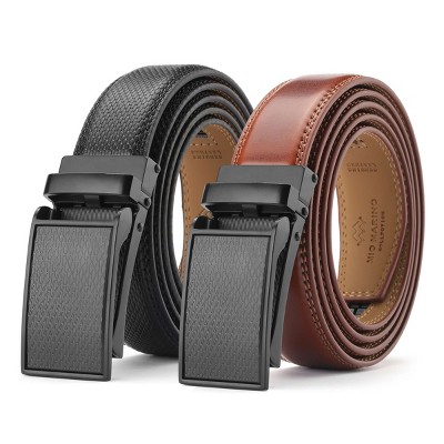 Men's Genuine Leather Ratchet Belt – Adjustable Automatic Buckle – Brown, 30-40 Waist – B&Q