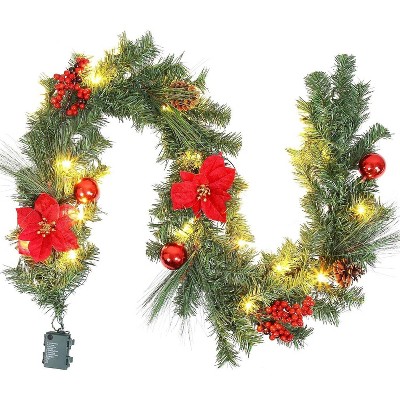 GAOMON 6ft Christmas Garland with Lights, Battery Operated Garland Christmas Decoration with Red Poinsettia Pinecones Ball Ornaments