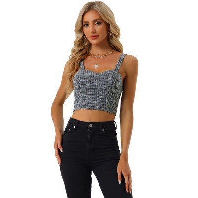 Allegra K Women's Tweed Plaid Sweetheart Neck Casual Crop Top