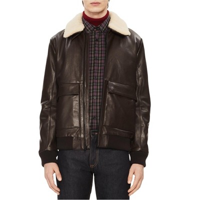 Calvin Klein Mens Faux Shearling Trim Leather Jacket