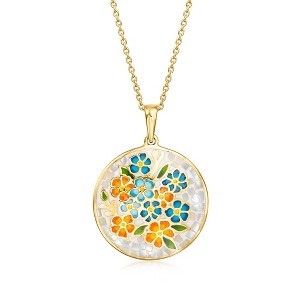 Ross-Simons Moonstone and Multicolored Enamel Floral Mosaic Pendant Necklace in 18kt Gold Over Sterling Size 18 - 1 of 3