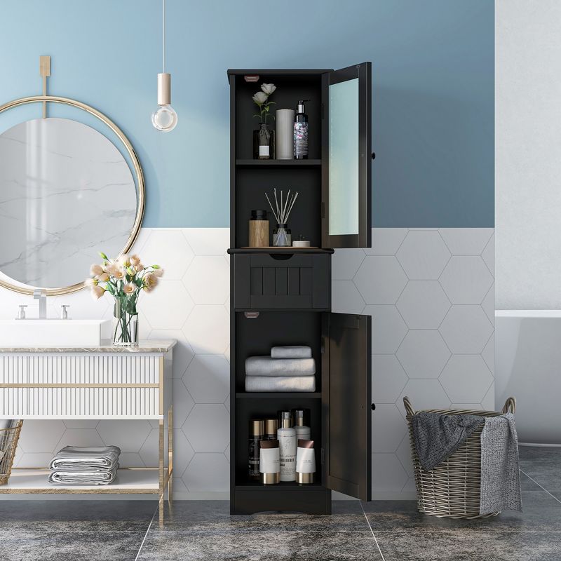 Costway Bathroom Tall Cabinet Freestanding Linen Tower with Doors & Drawer Black/Grey/White, 2 of 11