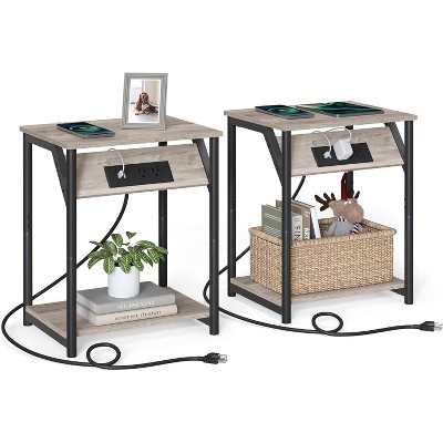 Small Side Tables, Nightstand with Outlets and USB Ports, Bedside Table with Storage Shelf