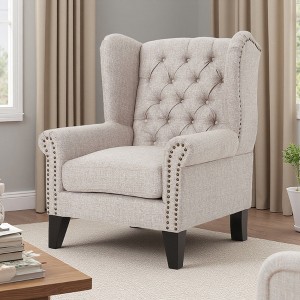 37.5" Fabric Antique Accent Chair with Tufted Back and Decorative Trim - 1 of 4