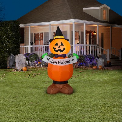 4 ft Tall Orange and Black Inflatable Jack O' Lantern with Witch Hat
