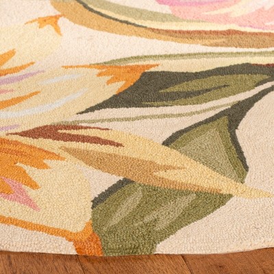 Ivory Floral Hand-Hooked Wool Round Area Rug, 4' x 4'