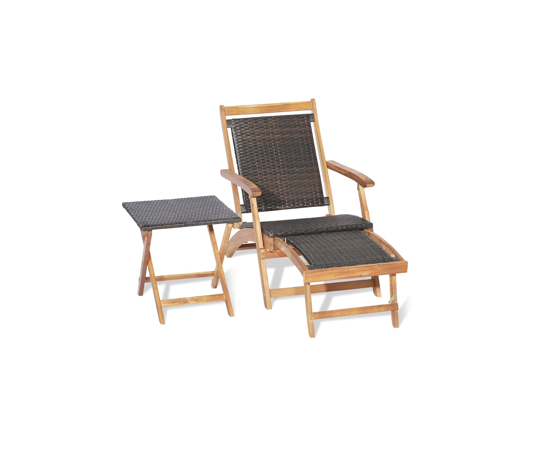 Gymax Patio Lounge Chair Table Set Outdoor Acacia Wood Lounge Chair w/ Wicker Side Table Folding Chaise Lounge w/ Retractable Ottoman