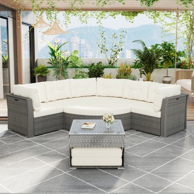 Patio Seating Set with Cushions and Glass Coffee Table, Outdoor Patio Sectional Sofa Set for Backyard, Garden, Deck or Lounge Area-Maison Boucle