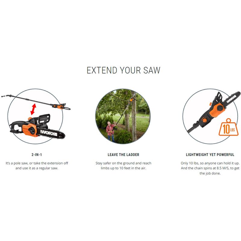 WG309 Worx 10" 2 in 1 Electric Chainsaw and Pole Saw Attachment with Auto-Tension, Rotating Handle and Safety Chain Brake, 3 of 14
