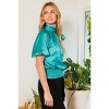 Slickblue Women's Satin Smocked Waist Blouse, Puff Elbow Sleeves, Mock Neck Bow, Turquoise/Taupe, Size S-L - 3 of 4