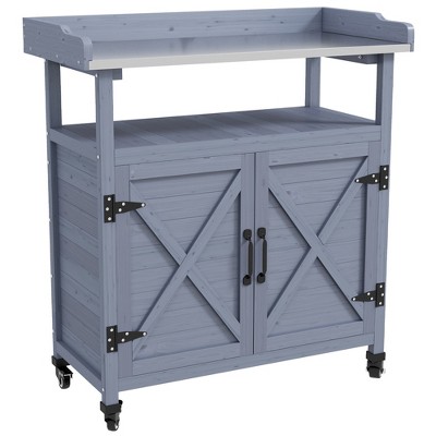 Dracelo Outdoor Potting Bench, Wooden Potting Table with Storage Cabinet, Aluminum Table Top, Rubber Wheels for Backyard, Patio, Balcony, Gray
