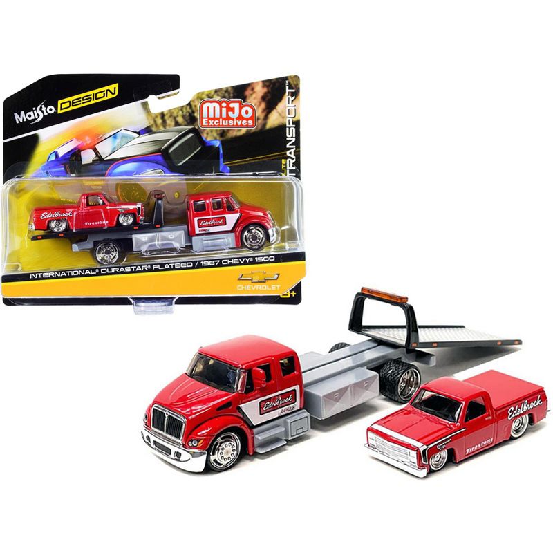 International DuraStar Flatbed Truck and 1987 Chevrolet 1500 Truck w/Bed Cover Red w/Graphics 1/64 Diecast Models by Maisto, 1 of 4