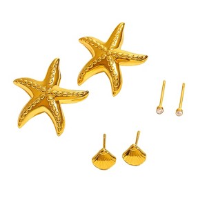Gold-Tone Ocean-Themed Earring Set (Starfish, Shell, Cubic Zirconia Studs), Nautical Jewelry for Women, Daily & Styling Occasions - 1 of 4