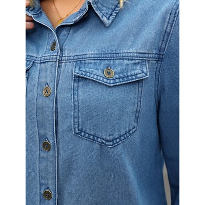 INSPIRE CHIC Women's Denim Puff Long Sleeve Button Down Jean Shirt Jacket Large Blue — фото 5