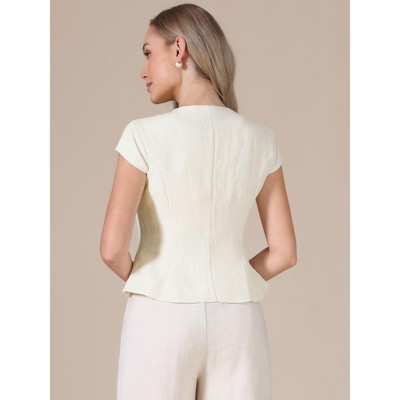 Женские куртки INSPIRE CHIC Women's Summer Button Down V Neck Cap Sleeve Business Casual Dressy Jackets X-Small Beige — фото 3
