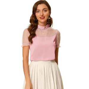 INSPIRE CHIC Women's Mock Neck Puff Sleeve Mesh Sleeve Blouse - 1 of 4