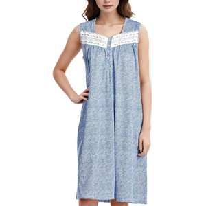 YafeMarte Women’s Sleeveless Cotton Blend Nightgown with Lace Trim and Embroidery Design - 1 of 4