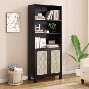 NicBex Tall Bookcase with Rattan Doors,5-Shelf Freestanding Storage Cabinet,Bookshelf for Living Room,Bedroom,Home Office - 1 of 4