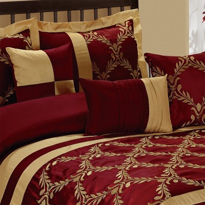HIG 7 Piece Bed in A Bag Comforter Set Queen Burgundy and Gold Faux Silk Fabric Embroidered Bedding Set — фото 3