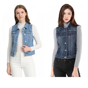 INSPIRE CHIC Women's Buttoned Washed Denim Vest with Faux Chest Flap Pockets 2 Packs - 1 of 4