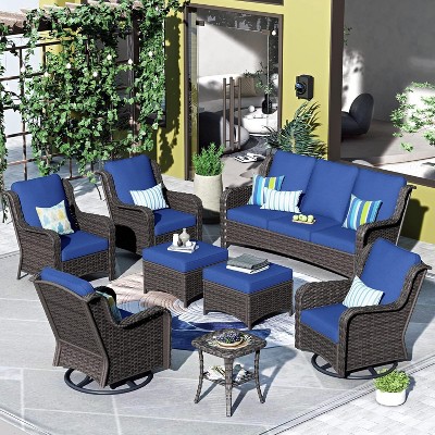 XIZZI Wicker Patio Furniture Set with 3-Seat Sofa, Swivel Rocking Armchairs & Ottomans & Side Table, Modular Sectional Outdoor Conversation Sofa Set