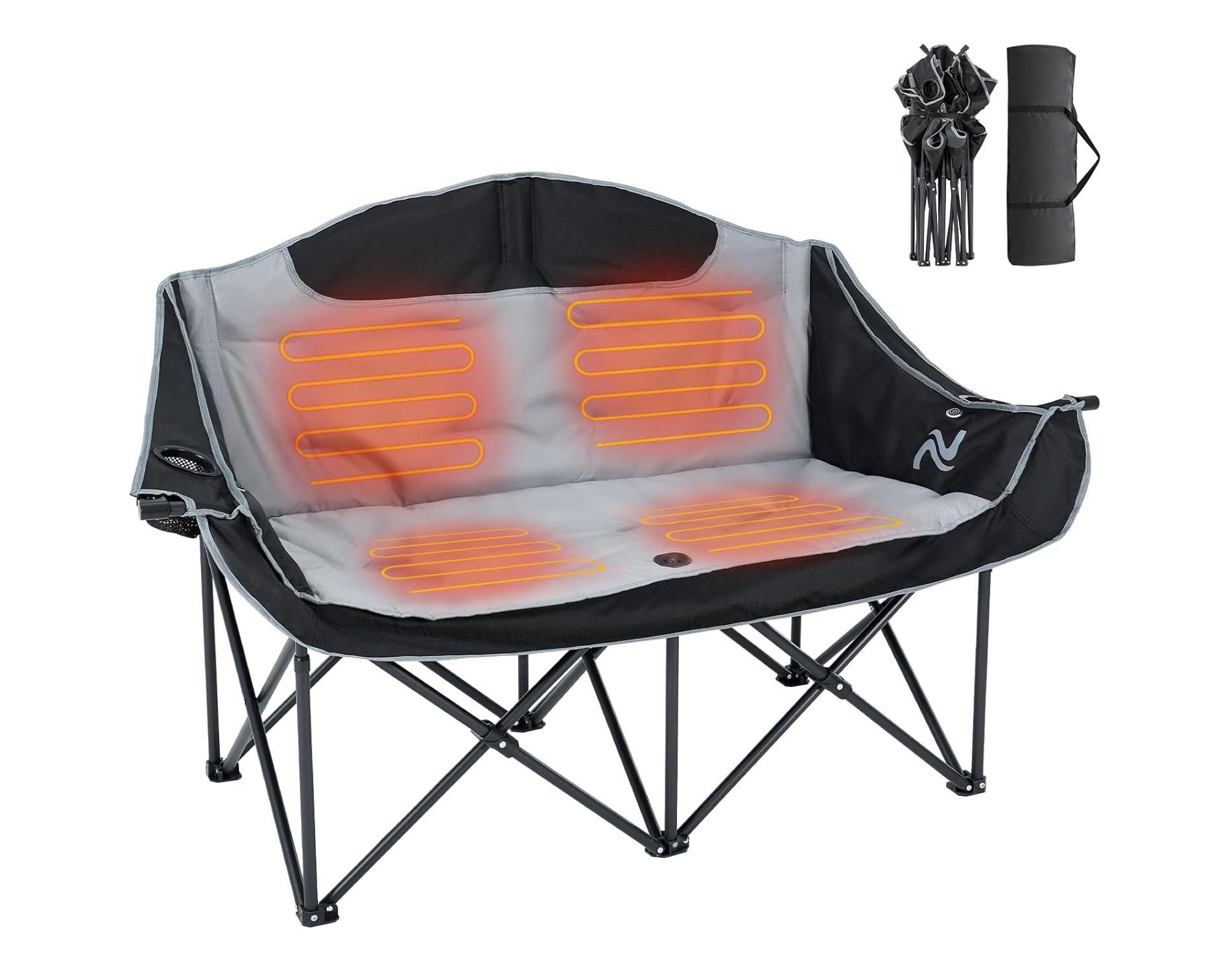 DoCred Heated Double Camping Chair, Heated Folding Camping Chairs Loveseat,Heating Oversized 2 Person Camp Chair, 3 Heat Levels