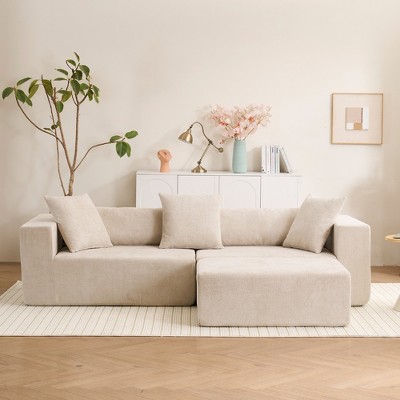 Modular L-Shaped Sofa Couch, Chenille Fabric Cloud Sofa with Soft Cushion for Living Room & Bedroom, Non-Assembly, Beige/Green - ModernLuxe