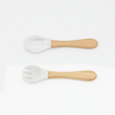 MyKids-USA Baby Food Grade Wooden Handles Silicone Spoon Fork Cutlery