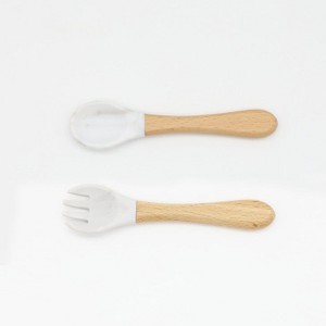 MyKids-USA Baby Food Grade Wooden Handles Silicone Spoon Fork Cutlery - 1 of 4