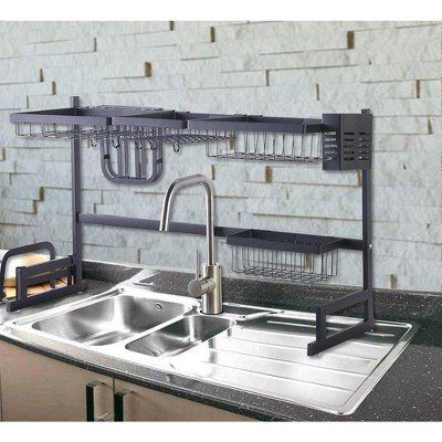 Black Powder-Coated Metal Over-the-Sink Dish Rack with Utensil Cup