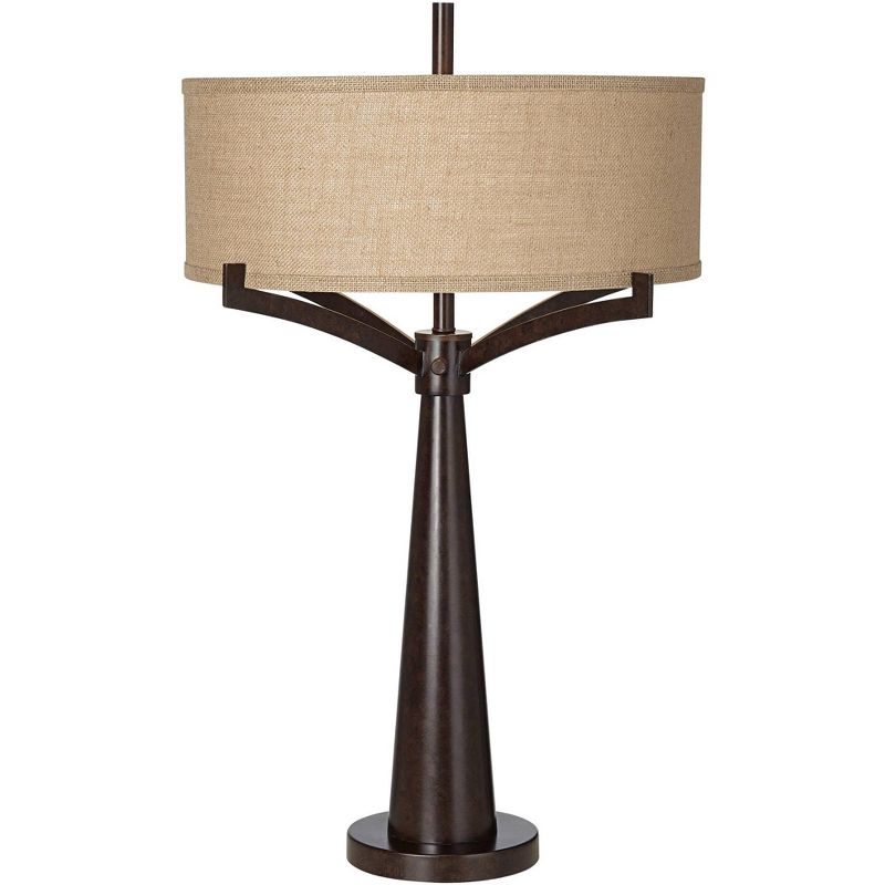 Franklin Iron Works Rustic Farmhouse Table Lamp with USB Charging Port 31.5" Tall Bronze Metal Burlap Fabric Drum Shade Living Room Bedroom, 1 of 10