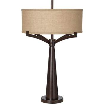 Franklin Iron Works Rustic Farmhouse Table Lamp with USB Charging Port 31.5" Tall Bronze Metal Burlap Fabric Drum Shade Living Room Bedroom