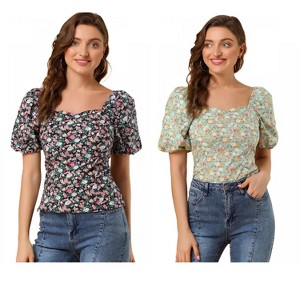 Allegra K Women's Puff Sleeve Square Neck Peasant Floral Blouse 2 Packs - 1 of 4