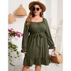 Coolmee Women's plus size Dress Casual Square Neck Dress Puff Long Sleeve Dresses High Waist Ruffle Midi Dress with Belt - 2 of 4