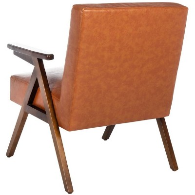 Cognac Faux Leather and Walnut Wood Mid-Century Accent Chair