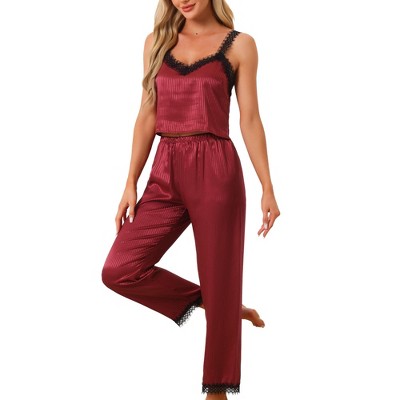 cheibear Women's Satin Lace Trim Cami with Long Pant 2 Pieces Pajama Set