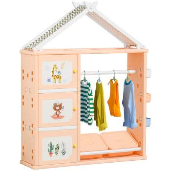 Qaba Kids Toy Storage Organizer with 2 Bins, Coat Hanger, Bookshelf and Toy Collection Shelves