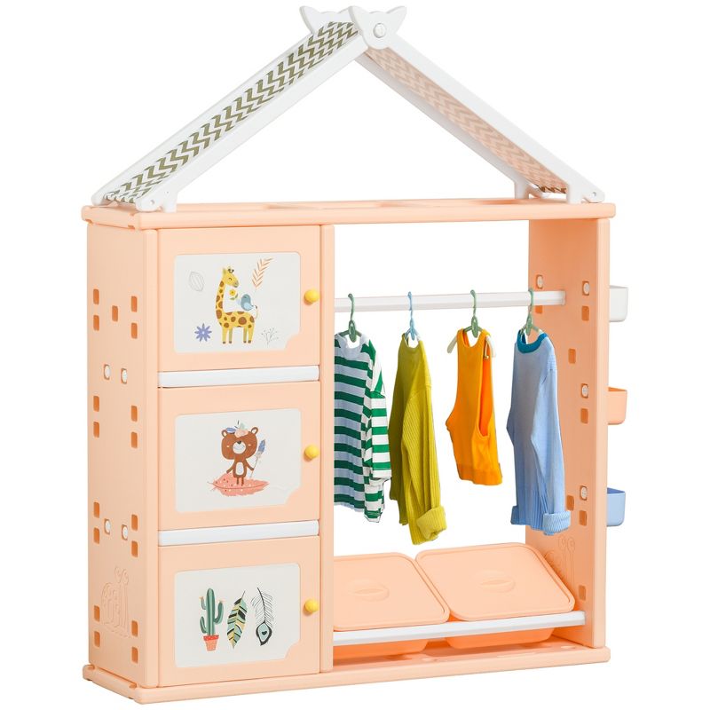Qaba Kids Toy Storage Organizer with 2 Bins, Coat Hanger, Bookshelf and Toy Collection Shelves, 1 of 10