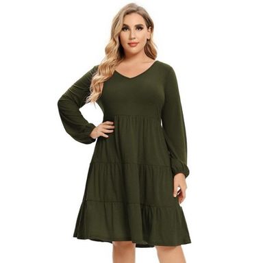 Coolmee Women's Plus Size Fall Dress Long Sleeve Casual Babydoll Shift  Tiered Flowy Midi Dresses Army Green 3XL : Target