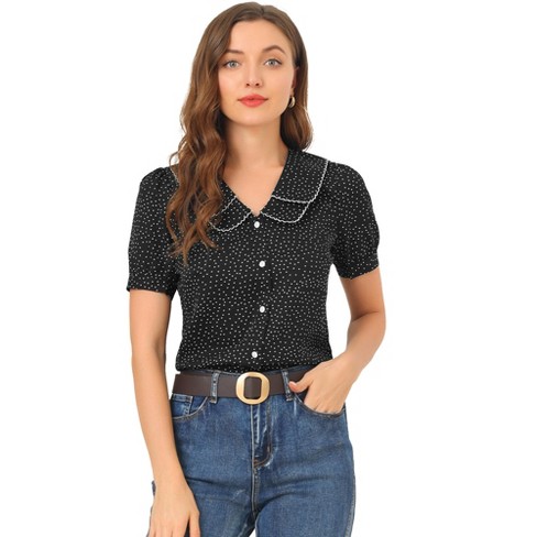 Peter Pan Collar Puff Mesh Short Sleeve Polka Dot Blouse, Allegra K