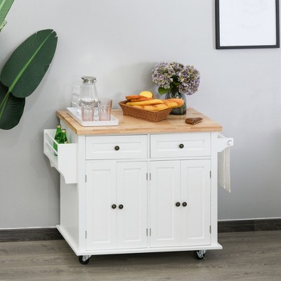 White Wood Kitchen Cart with Butcher Block Top and Storage