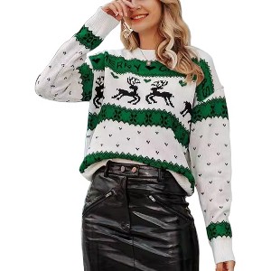 Womens Casual Christmas Pullover Sweaters Reindeer Jacquard Crew Neck Knitted Tops Loose Fit - 1 of 4
