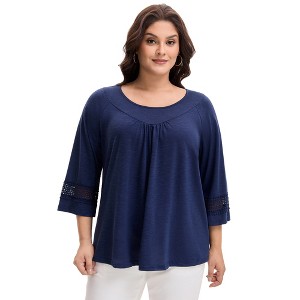 Agnes Orinda Women's Plus Size Hollow Out Gathered Patchwork Long Sleeve Pleated Tunics Casual Blouse - 1 of 4